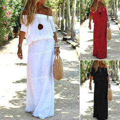 💃Solid Off Shoulder High Waist Long Maxi Dress