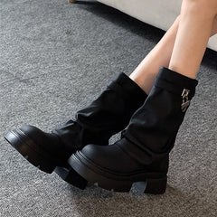 2024 zima nowy projektant grube botki damskie platformy Chelsea Boots plisowane buty na średnim obcasie buty w stylu Punk motocykl Botas