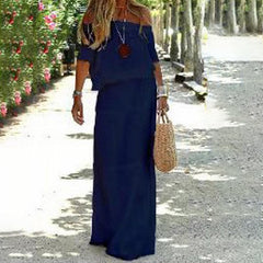 💃Solid Off Shoulder High Waist Long Maxi Dress