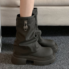 2024 zima nowy projektant grube botki damskie platformy Chelsea Boots plisowane buty na średnim obcasie buty w stylu Punk motocykl Botas