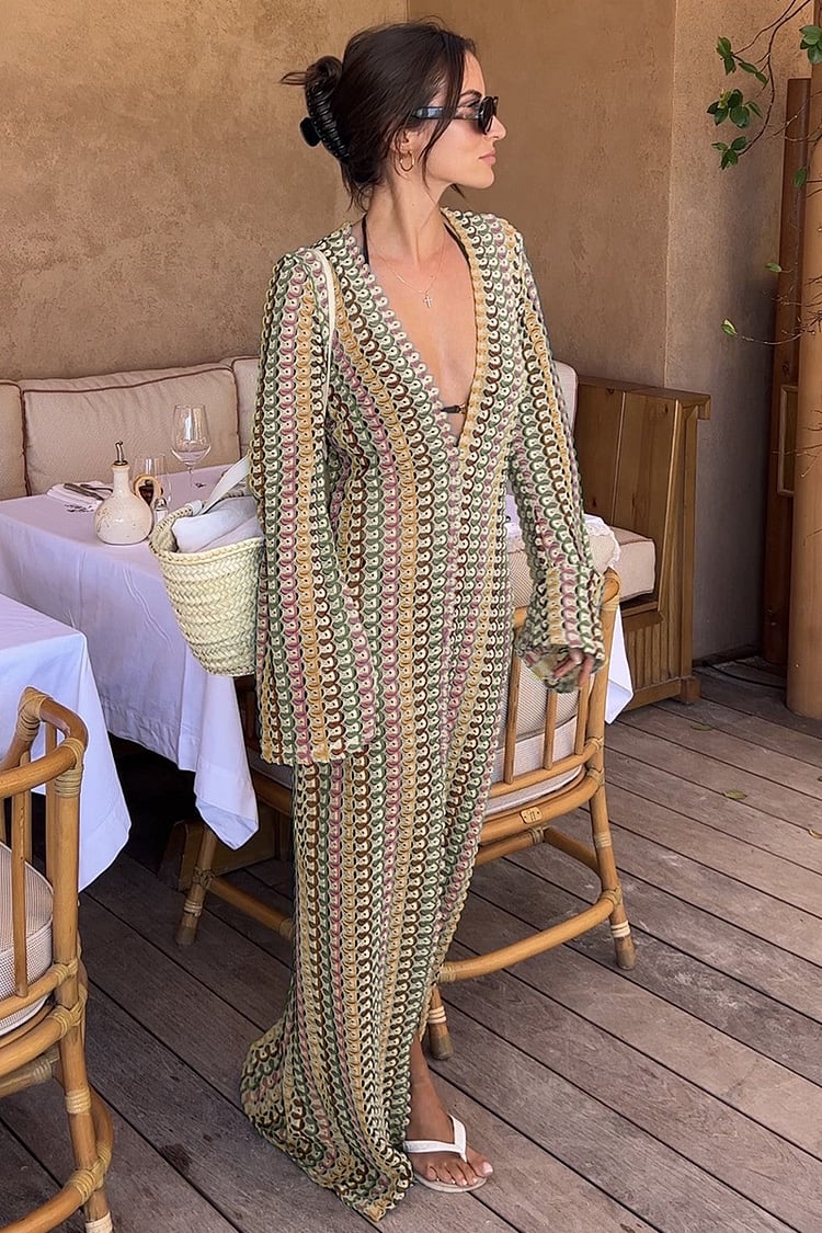 Boho v neck bell sleeve wavy striped crochet beach vacation maxi dress