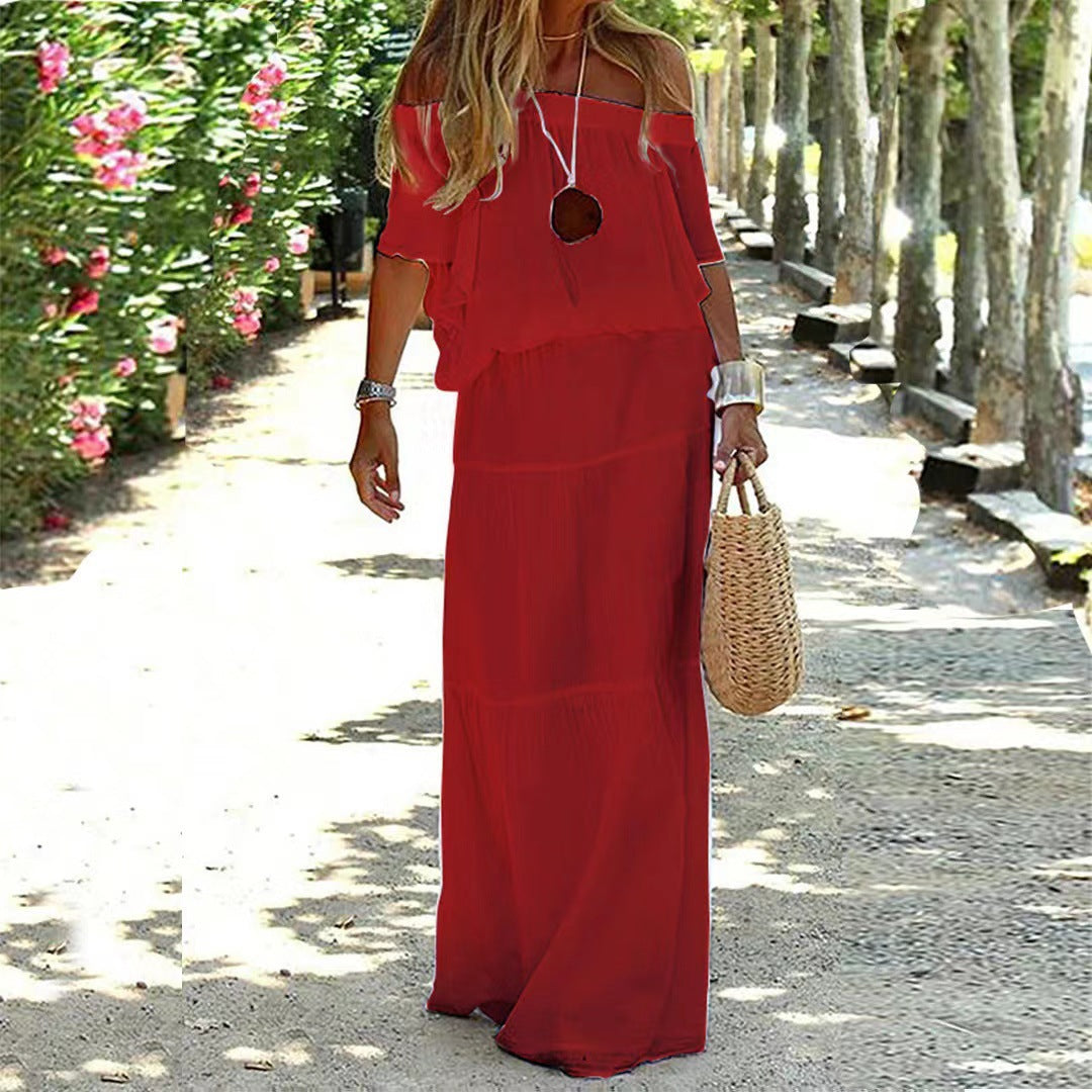 💃Solid Off Shoulder High Waist Long Maxi Dress