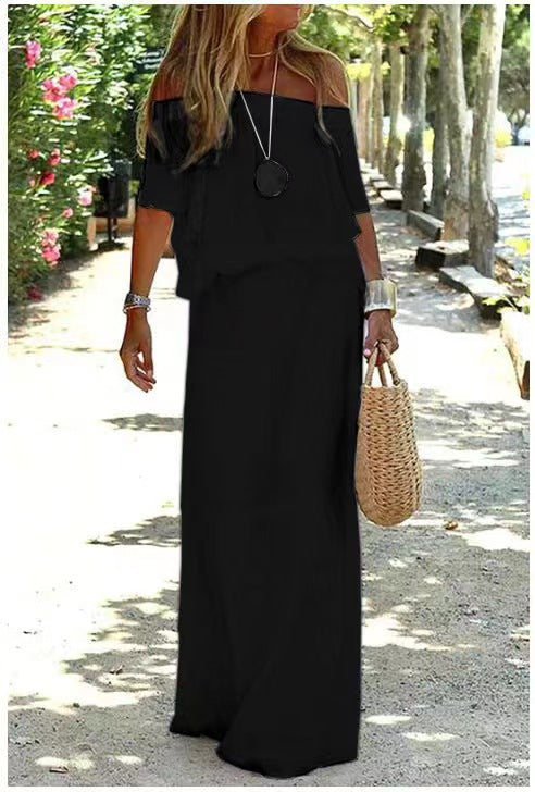 💃Solid Off Shoulder High Waist Long Maxi Dress