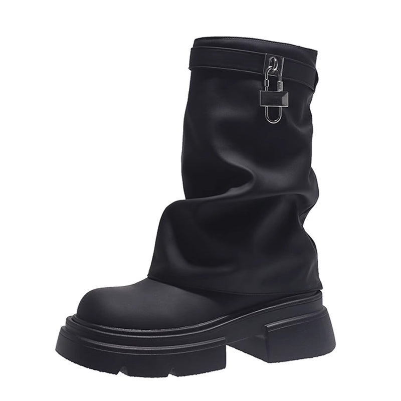 2024 zima nowy projektant grube botki damskie platformy Chelsea Boots plisowane buty na średnim obcasie buty w stylu Punk motocykl Botas