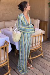 Boho v neck bell sleeve wavy striped crochet beach vacation maxi dress